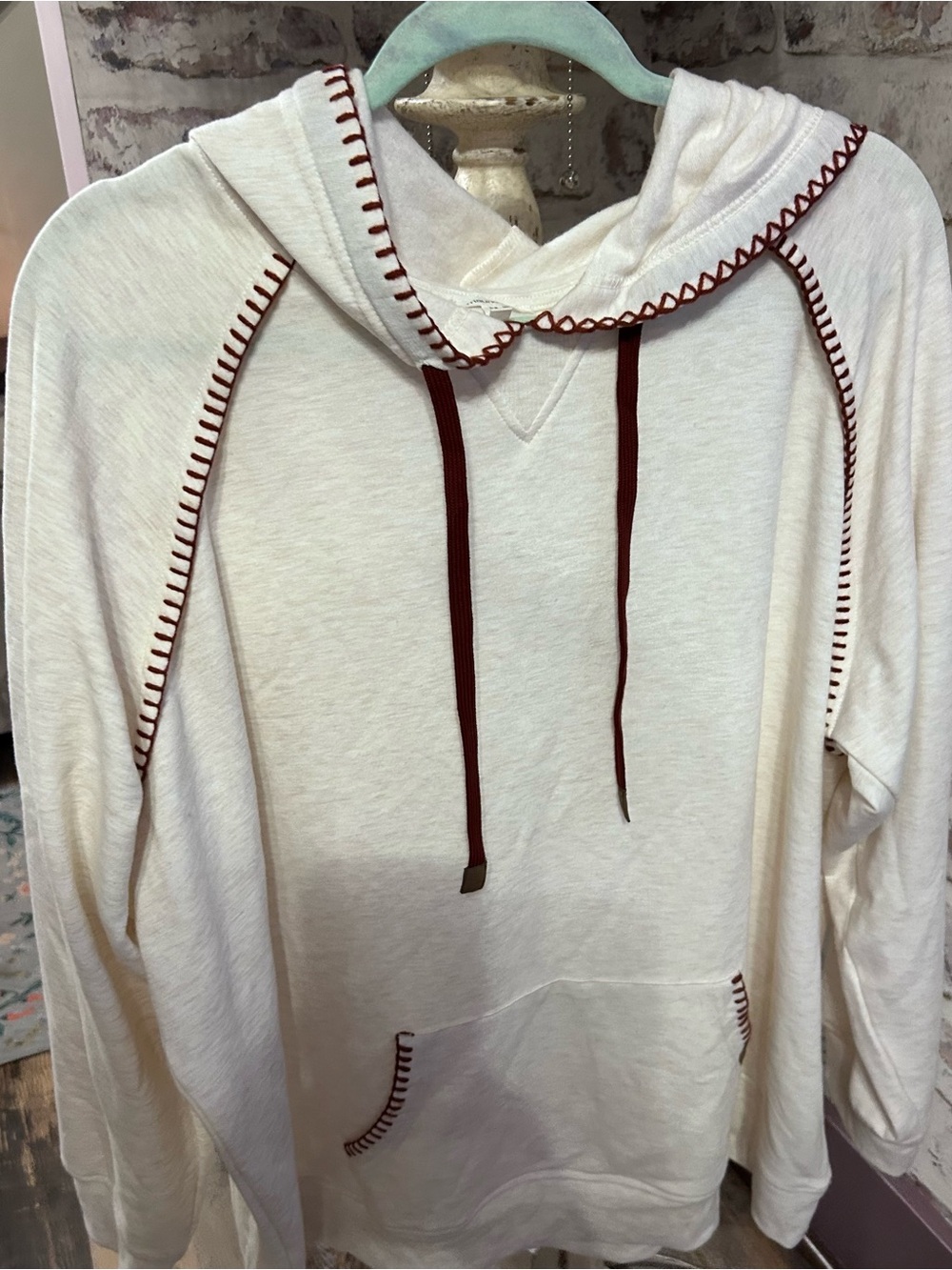 Maurices Cream Hooded Pullover Sweater with Maroon Trim